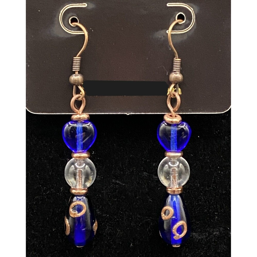 Handmade Blue Glass Heart Blue Copper & Clear Glass Bead Earrings by Neanie-Bot